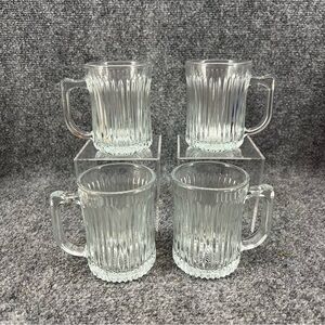 Set of 4 Vtg Gibson Royal Crest Clear Starburst Glass Ribbed Coffee Mugs 10 oz.